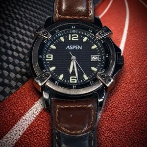 ASPEN Men's Quartz Watch Black Dial Date Leather Band Tested New Battery